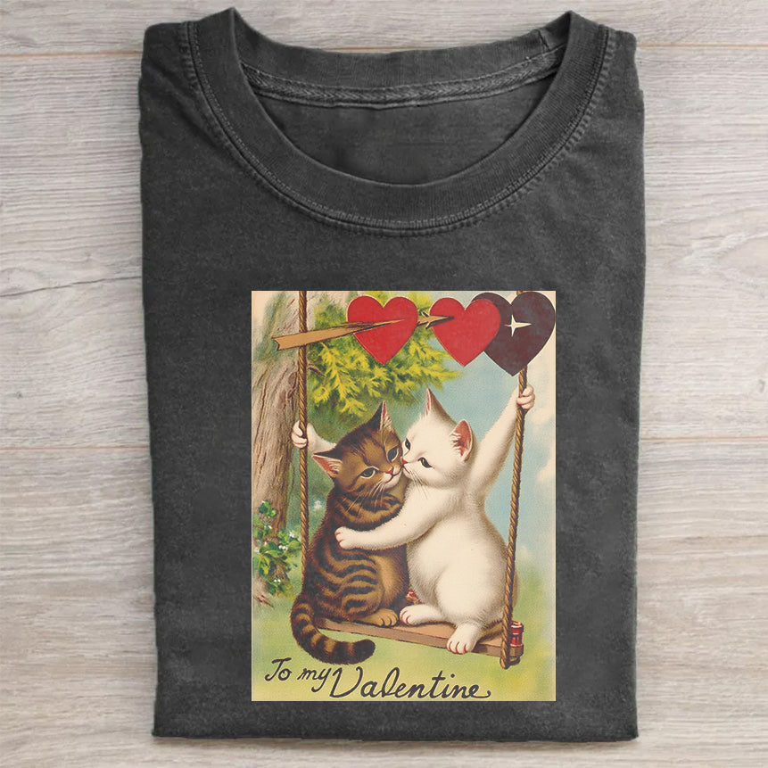 Vintage Valentine's Day Cats with Hearts Graphic T-Shirt