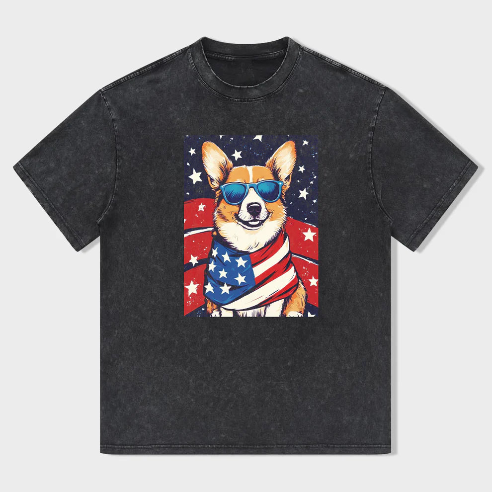 Patriotic Corgi with American Flag Bandana and Sunglasses T-Shirt