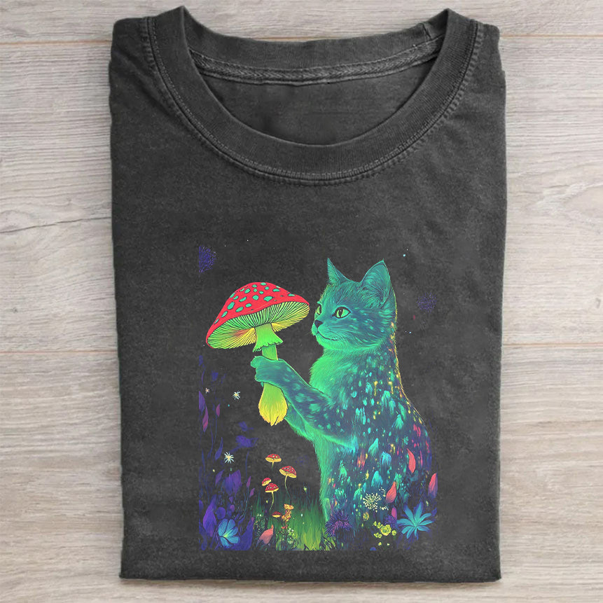Colorful Cat Holding Mushroom Graphic T-Shirt