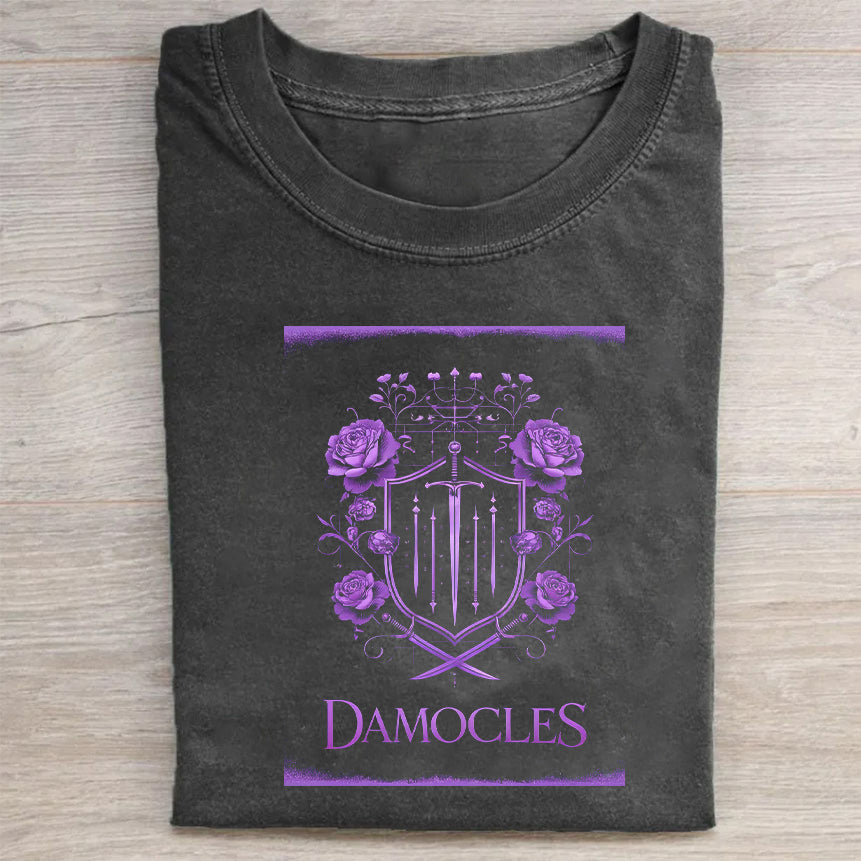 Damocles Graphic T-Shirt with Purple Heraldic Design Men's Fashion Tee