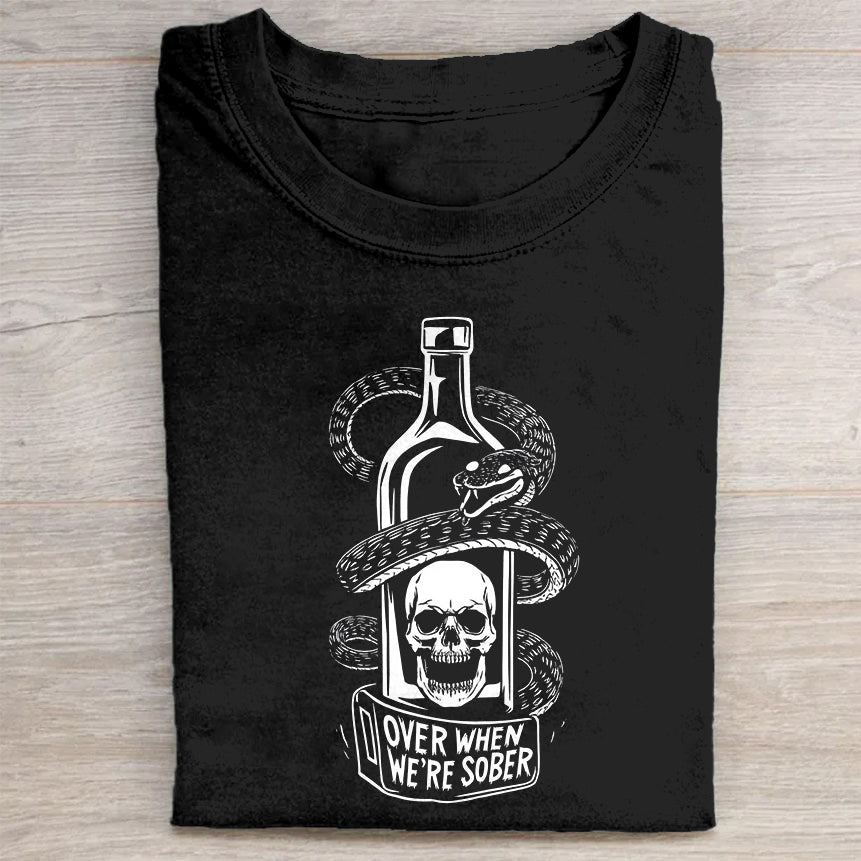 Over When We're Sober Skull and Bottle Graphic T-Shirt