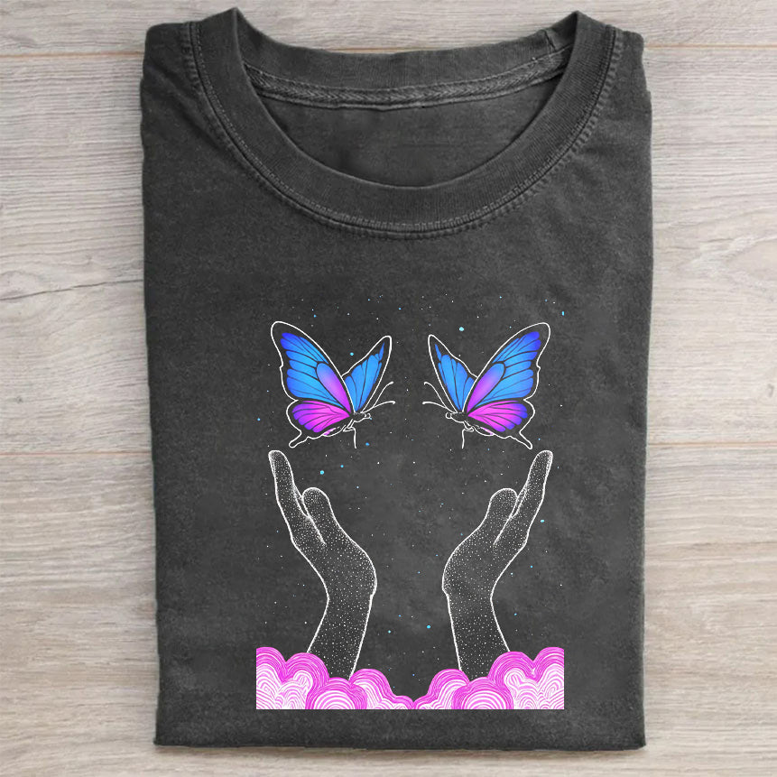 Butterfly Hands Graphic Tee Women's Fashion Casual Short Sleeve T-Shirt