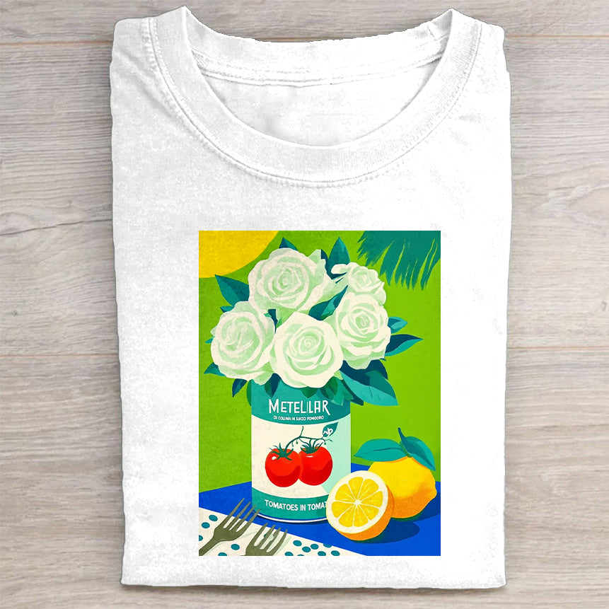 White Rose and Fruit Graphic T-Shirt