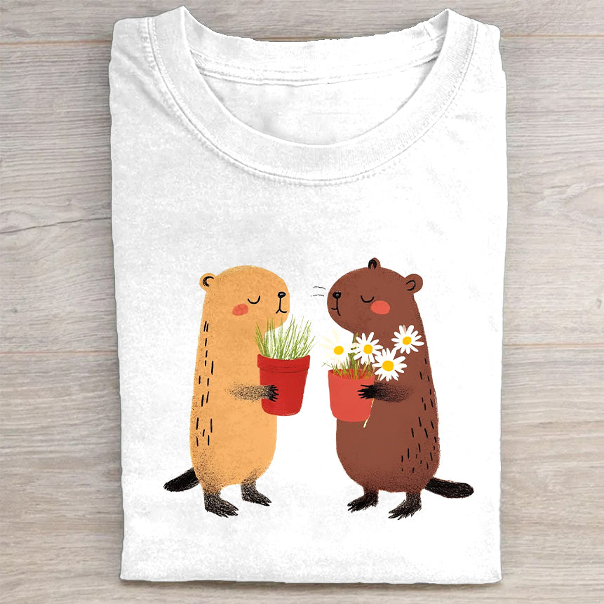 Cute Beavers Holding Flower Pots Graphic Print T-Shirt
