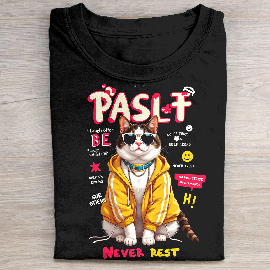 Cool Cat Graphic T-Shirt - Never Rest - Funny Cat Lover Gift T-Shirt