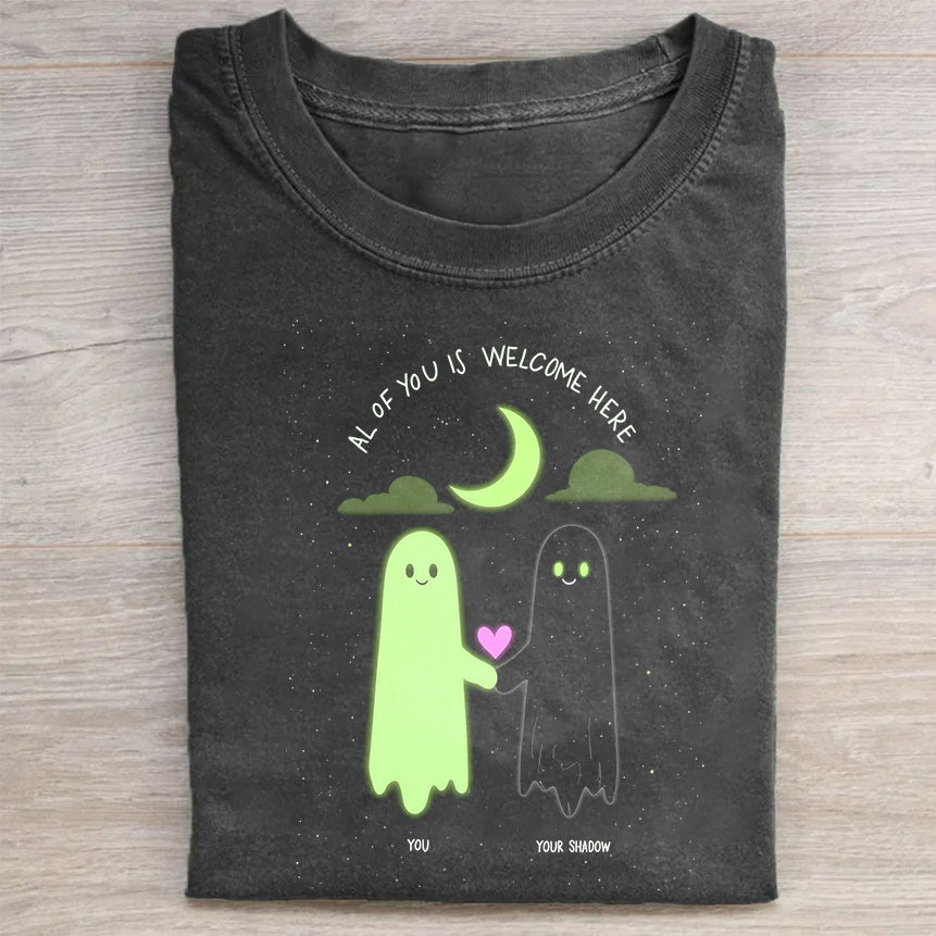 Crew Neck T-Shirt Black Cute Ghosts with Moon and All Who Wander Are Welcome Here Print for Casual Wear