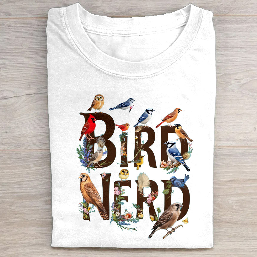 Short Sleeve White T-Shirt with BIRD NERD Bird Illustration Print for Outdoor Activities