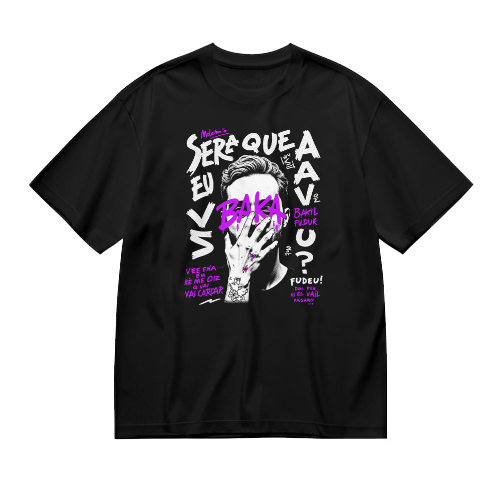 Trendy man covering face print tee with pink and white text design