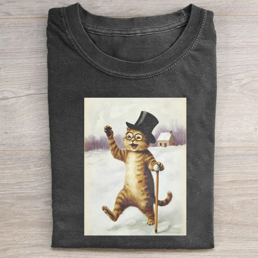 Funny Cat in Top Hat and Cane Graphic T-Shirt