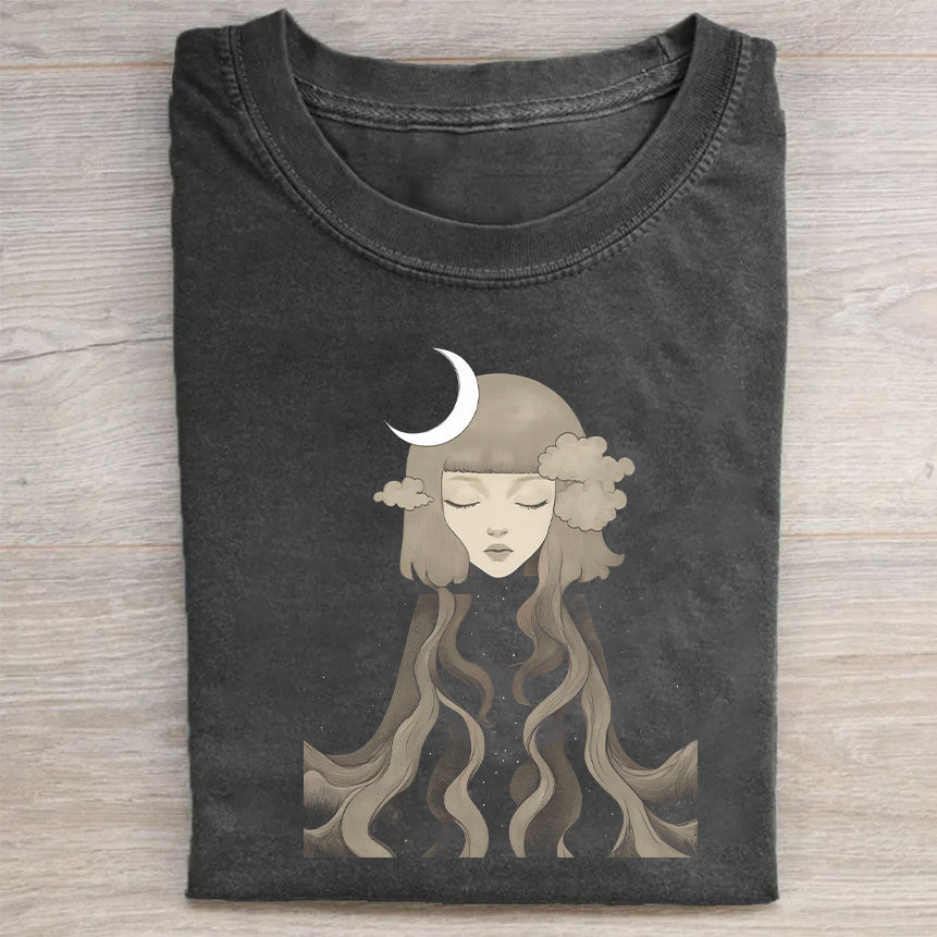 Short Sleeve Black T-Shirt with Celestial Goddess Print for Casual Wear