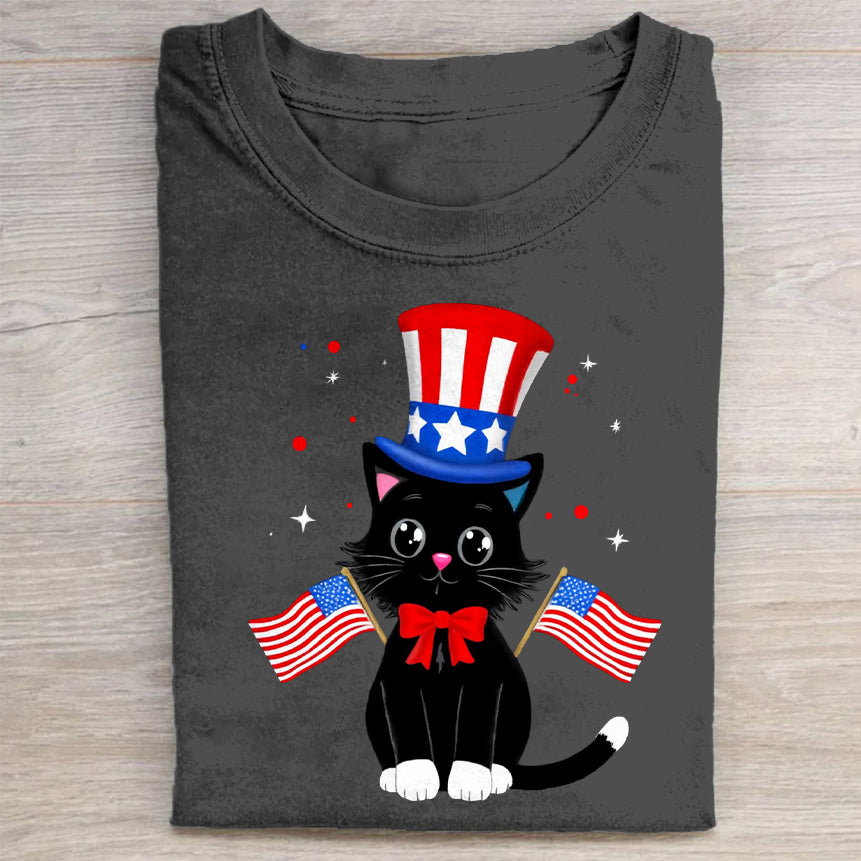 Patriotic Black Cat with American Flags T-Shirt