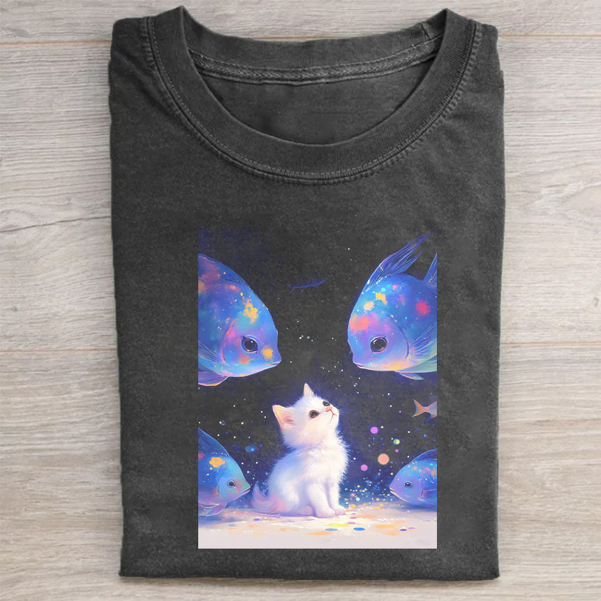Cute Cat and Dreamy Fish Graphic T-Shirt