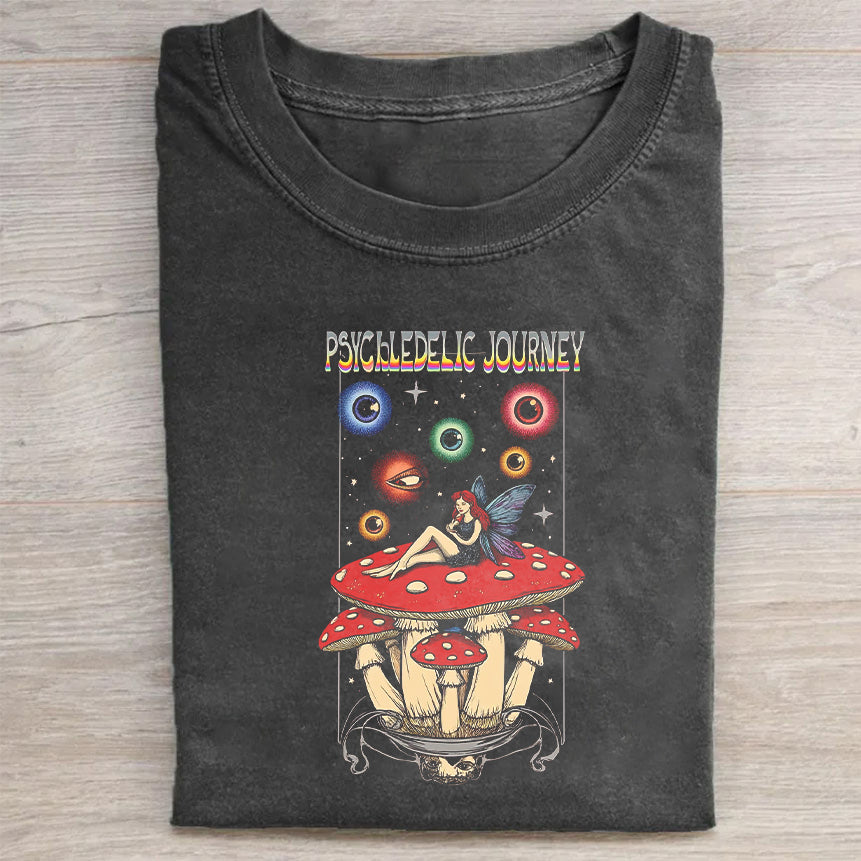 Psychedelic Journey Graphic T-Shirt with Mushroom and Eyes Design for Men Women Unisex Fashion Tee