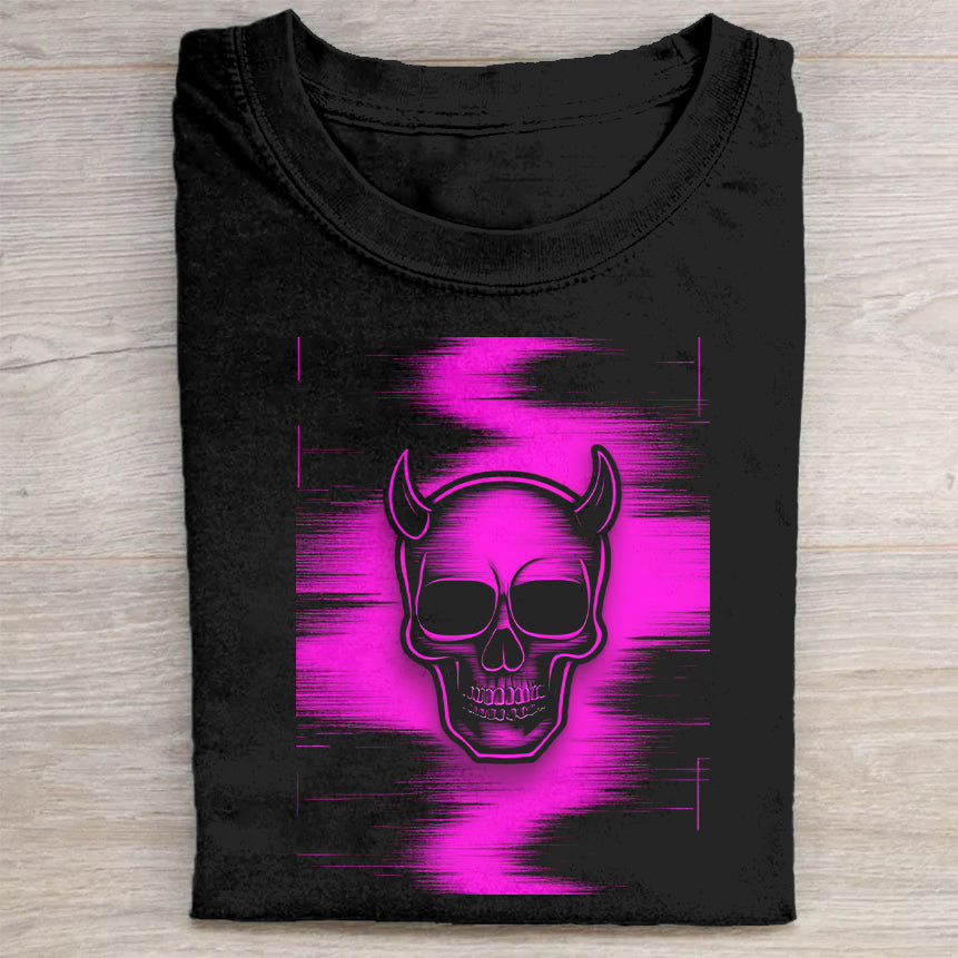 Black T-Shirt with Neon Pink Skull Graphic Design