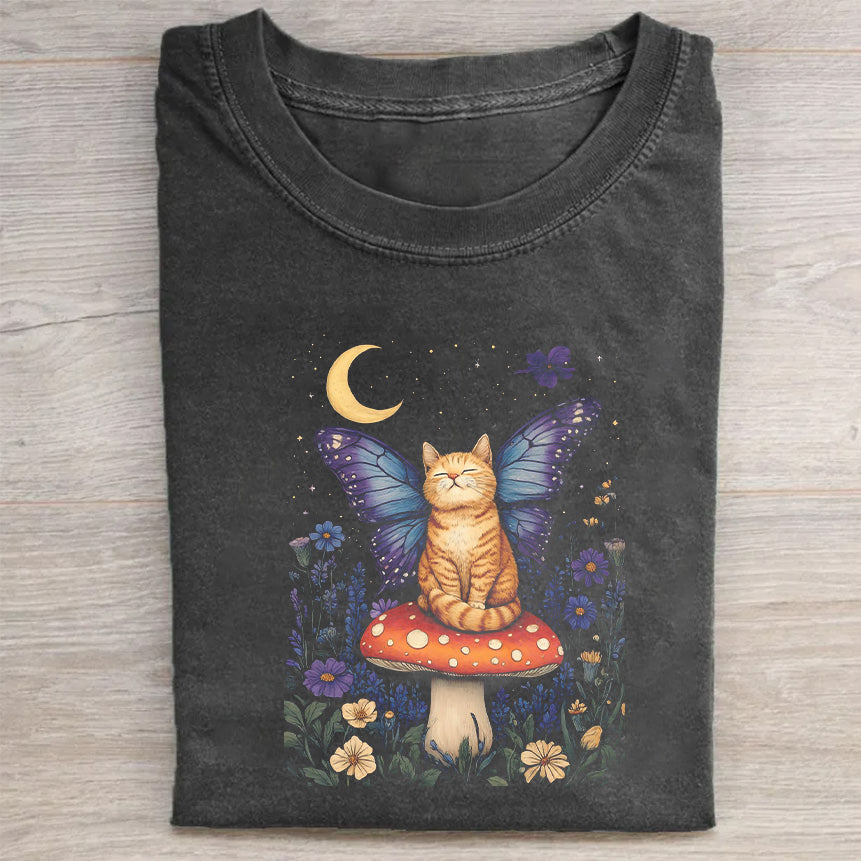 Magical Cat on Mushroom with Butterfly Wings Graphic T-Shirt