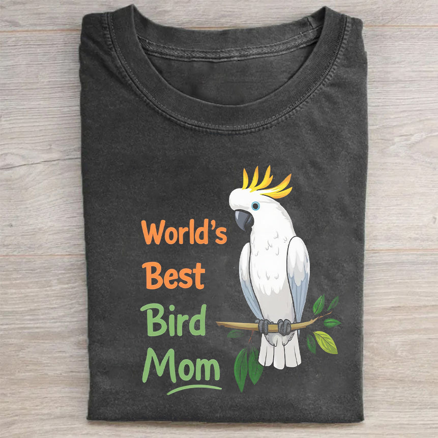 Crew Neck Black T-Shirt with World's Best Bird Mom Cockatoo Print for Pet Lovers