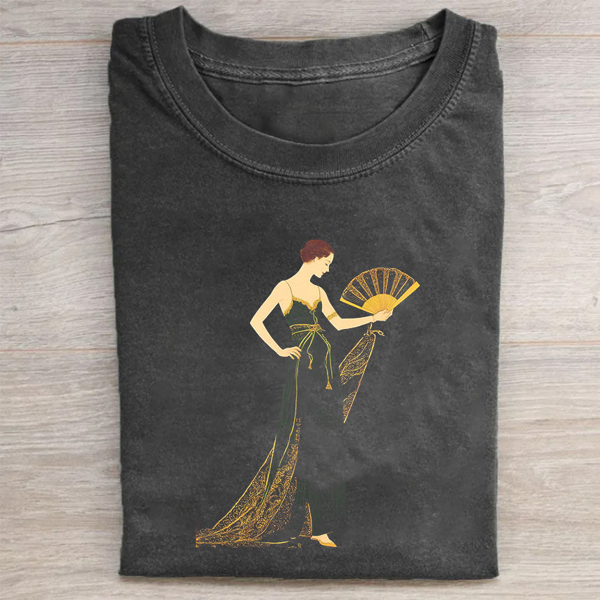 Vintage Black T-Shirt with Art Deco Woman Print