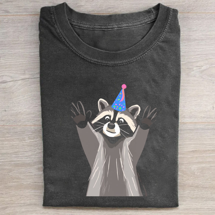 Retro Crew Neck T-Shirt Black Raccoon in Party Hat Print Casual Daily Wear