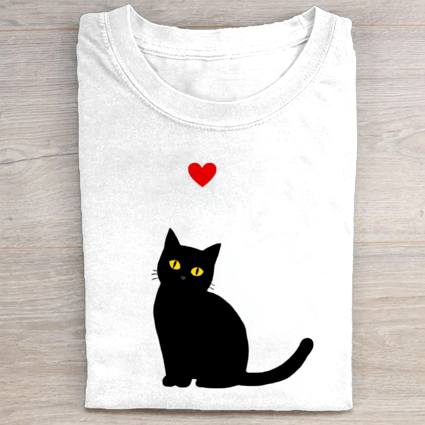 Cute Black Cat with Red Heart Graphic T-Shirt