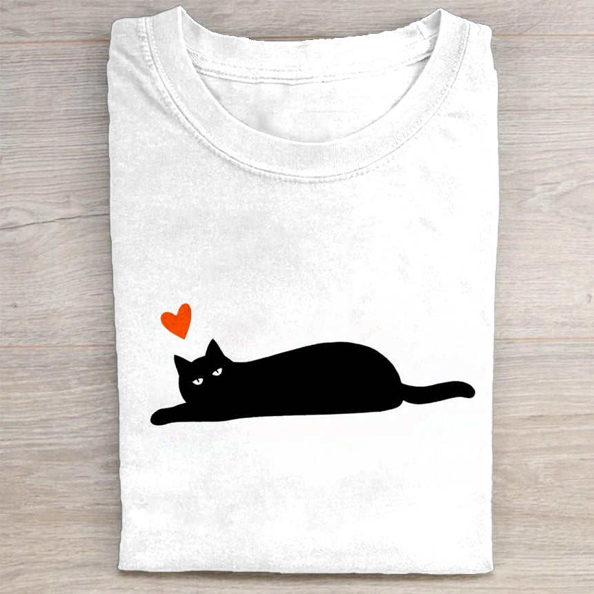 Cute Black Cat with Heart White T-Shirt