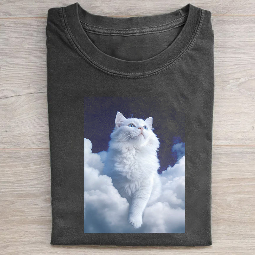 Cute White Cat in Clouds Graphic T-Shirt