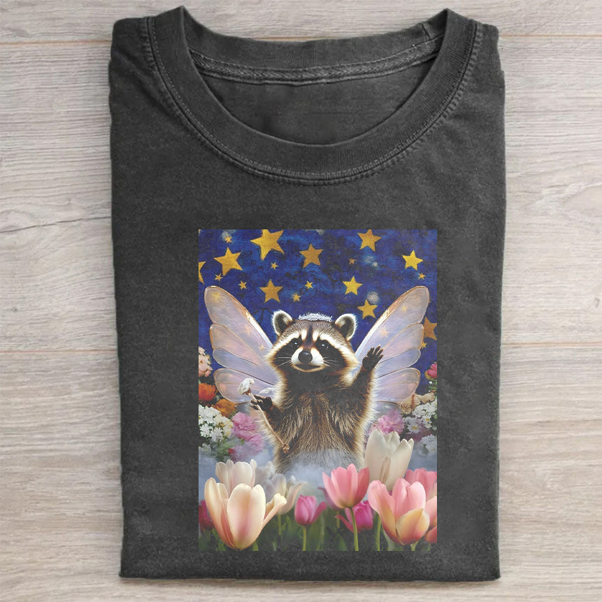 Cute Raccoon Fairy with Tulips and Stars Graphic T-Shirt