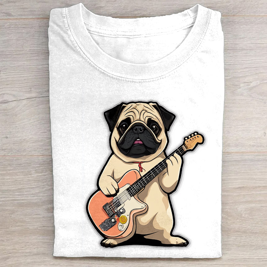 Cute Pug Playing Guitar Graphic T-Shirt
