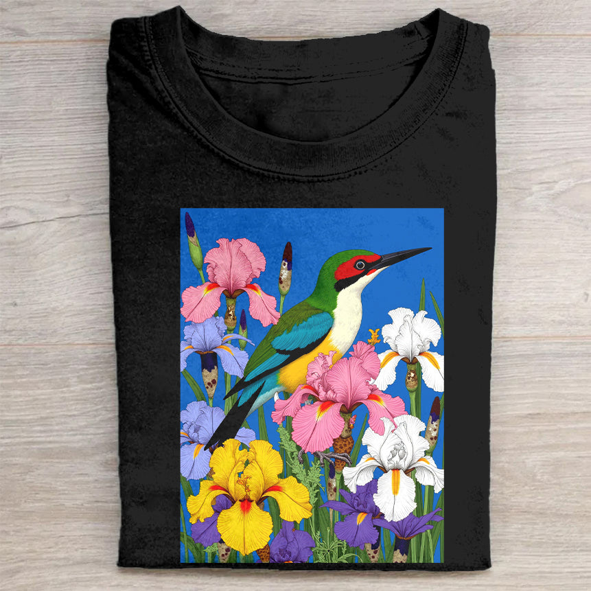 Colorful Bird and Iris Flowers Graphic T-Shirt