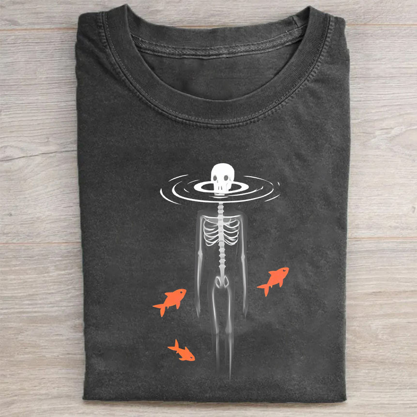 Skull Skeleton Fish Graphic Print Men's Casual T-Shirt