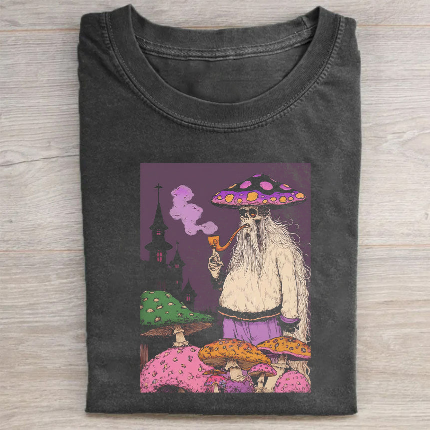 Mushroom Wizard Graphic T-Shirt for Men - Fantasy Art Design Tee with Magical Forest Scene and Enchanted Mushrooms
