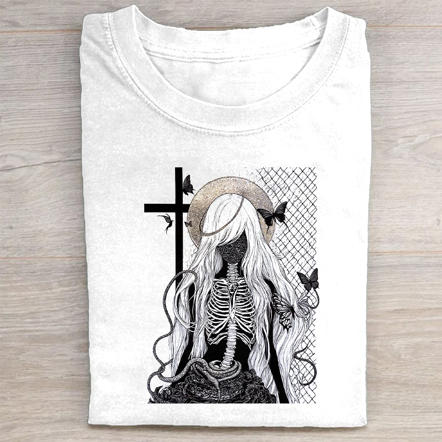 Gothic Skeleton Angel Cross Design Women's Fashion Graphic T-Shirt