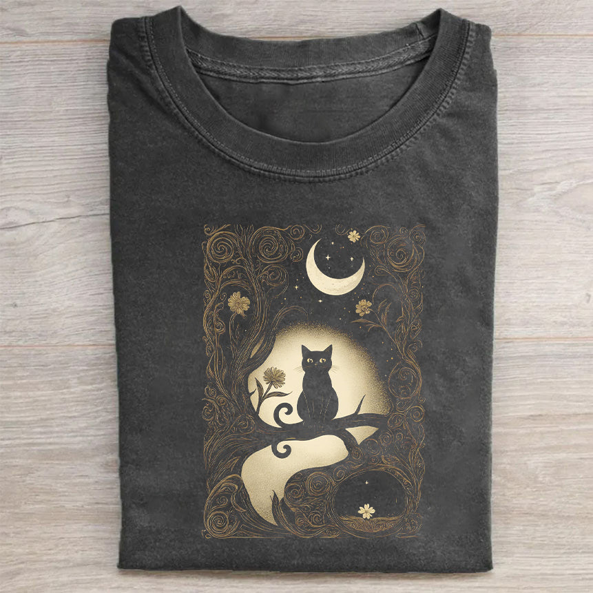 Black Cat Moon Night Graphic T-Shirt