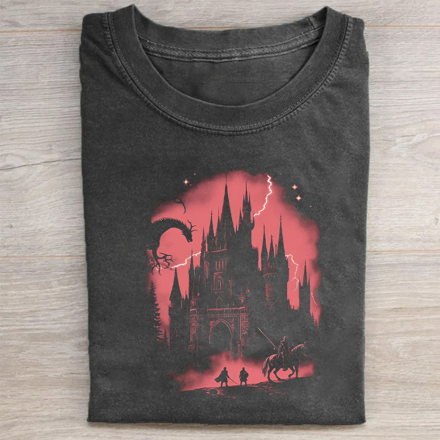 Gothic Castle Silhouette T-Shirt with Bat and Moon Design for Men Women Unisex Graphic Tee