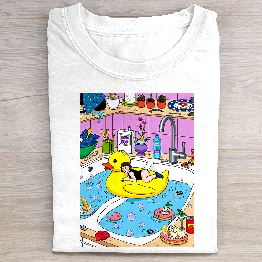 Cute Duck in Kitchen Sink Graphic T-Shirt