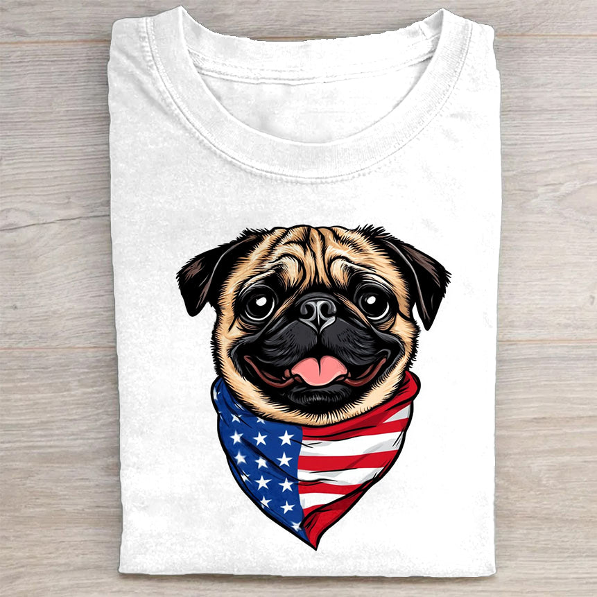 Patriotic Pug with American Flag Bandana T-Shirt