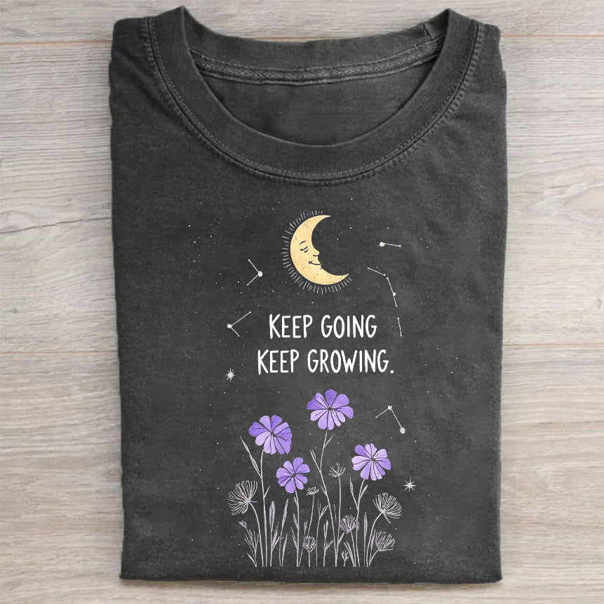Short Sleeve Black T-Shirt with Keep Going Keep Growing Moon and Flowers Print for Casual Wear