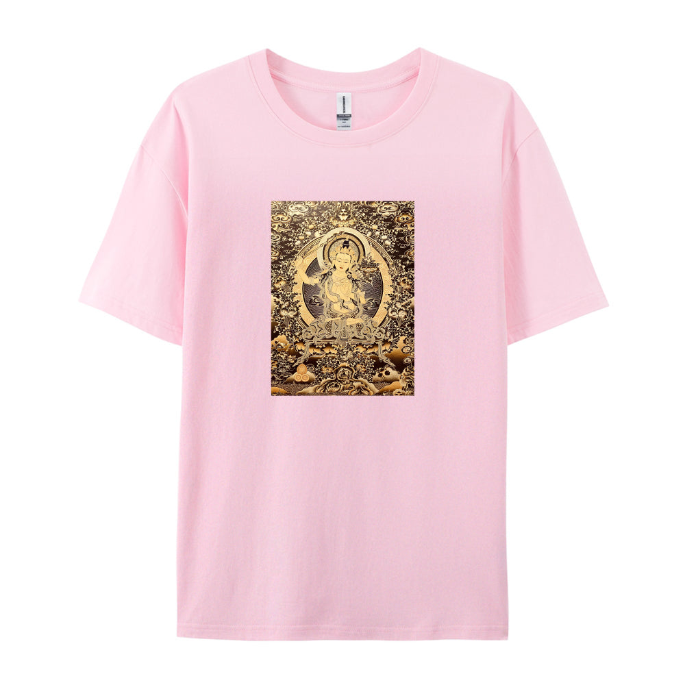 Buddhist Deity Art Print T-Shirt for Men Women  Spiritual Meditation Clothing  Unique Design Graphic Tee  Comfortable Casual Wear  Gold and Brown Pattern Top