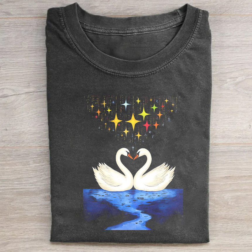 Swan Love Night Sky Stars Graphic T-Shirt