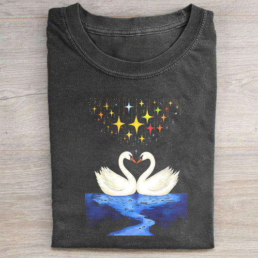 Swan Love Night Sky Stars Graphic T-Shirt