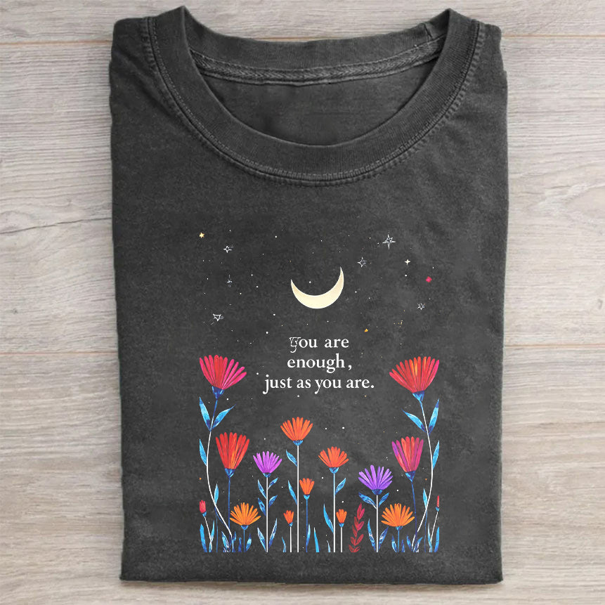Vintage T-Shirt Black Crescent Moon Floral Print You Are Enough Inspirational Quote for Casual Wear
