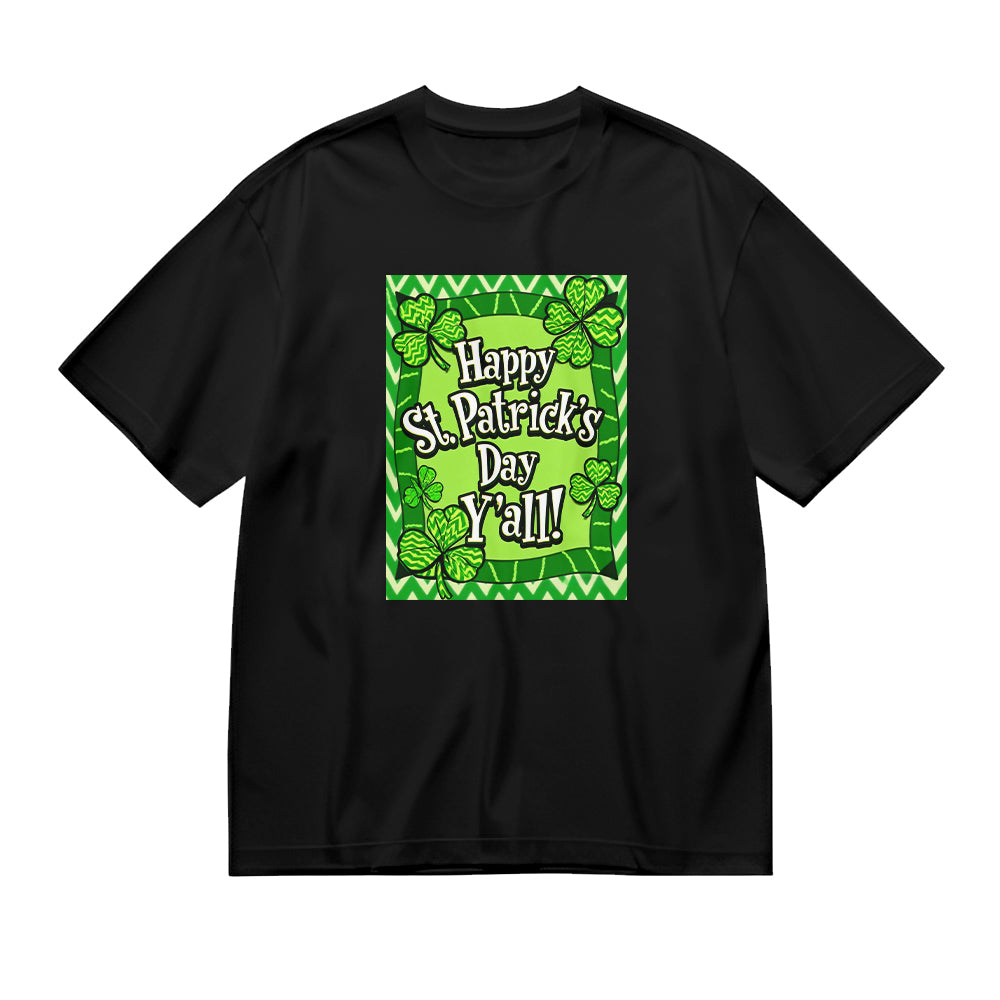 Happy St. Patrick's Day Y'all! Green Clover Pattern Black T-Shirt