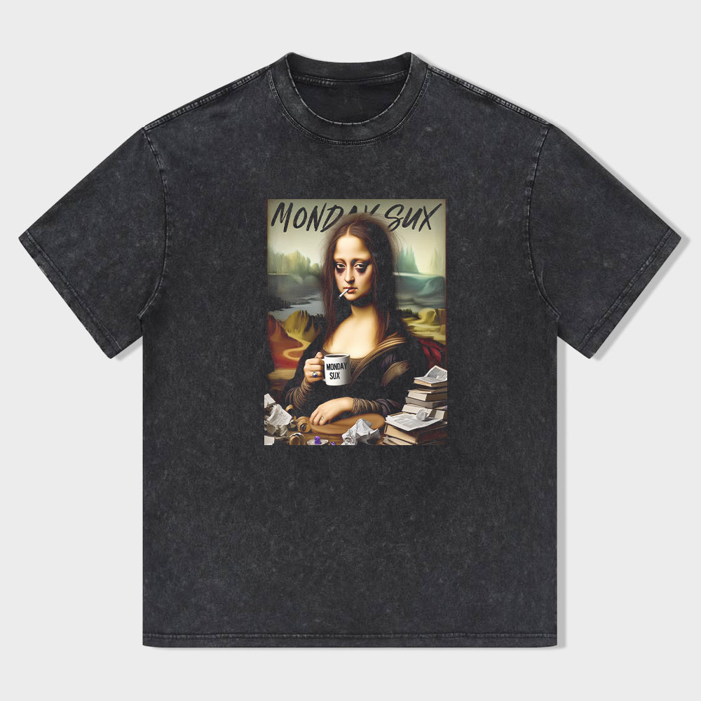 Classic T-Shirt Black Mona Lisa with Coffee MONDAY SUX Print for Casual Wear