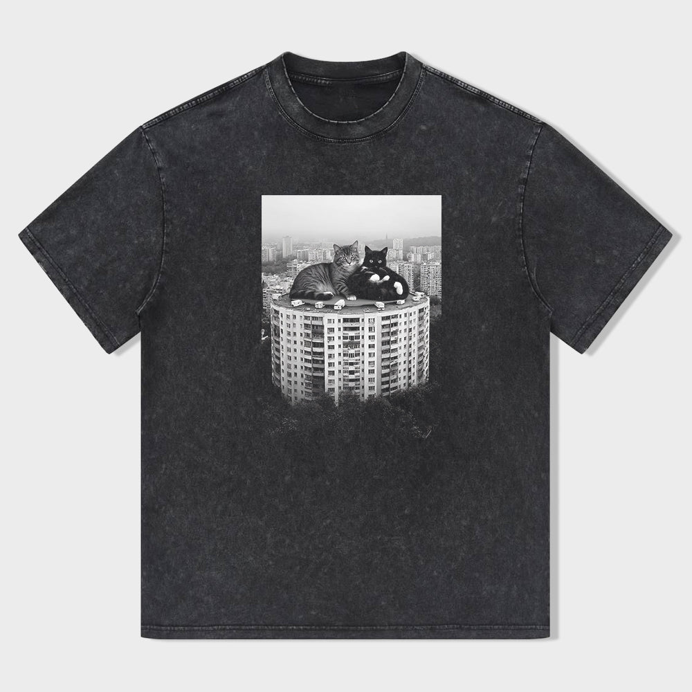 Black Graphic T-Shirt with Cat Print - Oversized Fit T-Shirt
