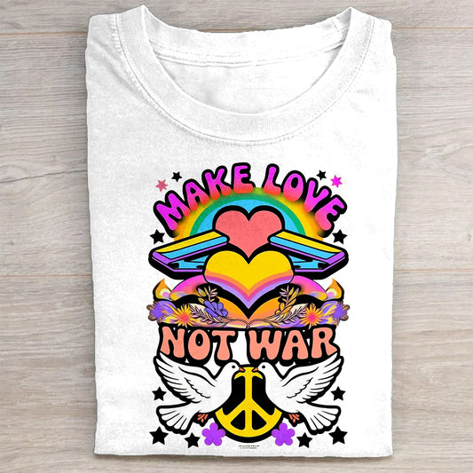 Make Love Not War Peace Dove Heart Rainbow Graphic T-Shirt