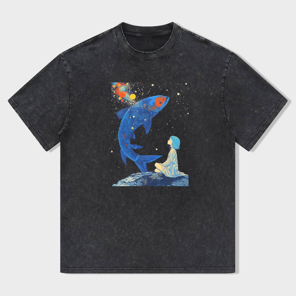 Galaxy Shark and Girl Graphic Print Men's Casual T-Shirt
