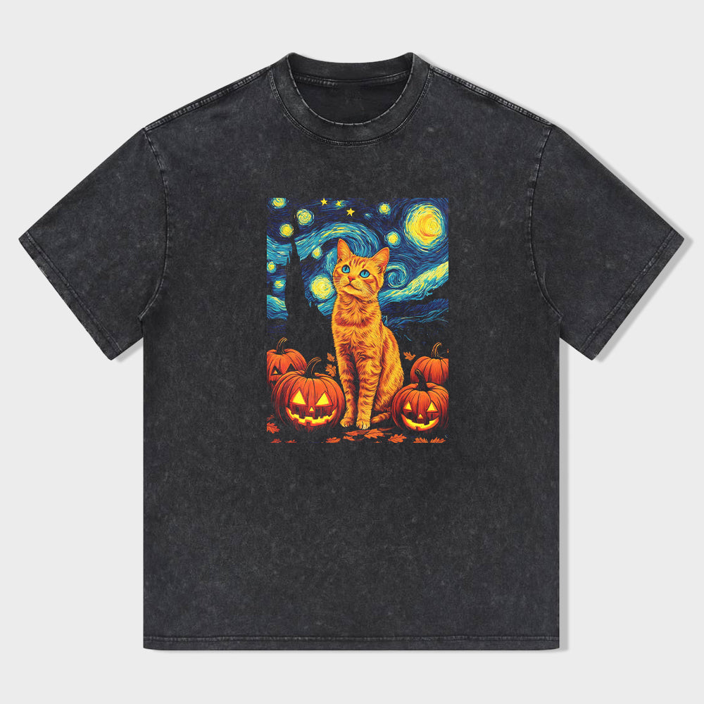 Halloween Themed Crew Neck Black T-Shirt with Van Gogh Cat and Pumpkins Print for Festive Season