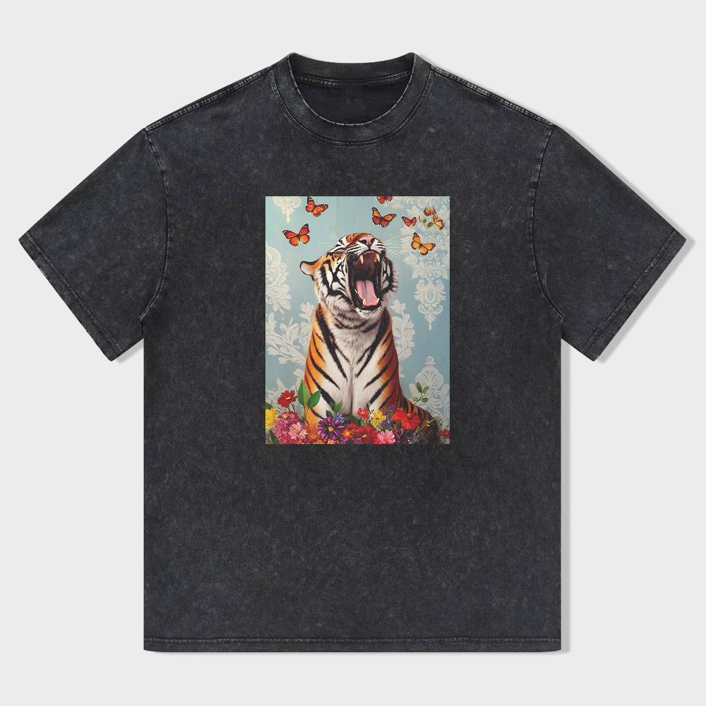 Tiger Roaring with Butterflies and Flowers Graphic T-Shirt