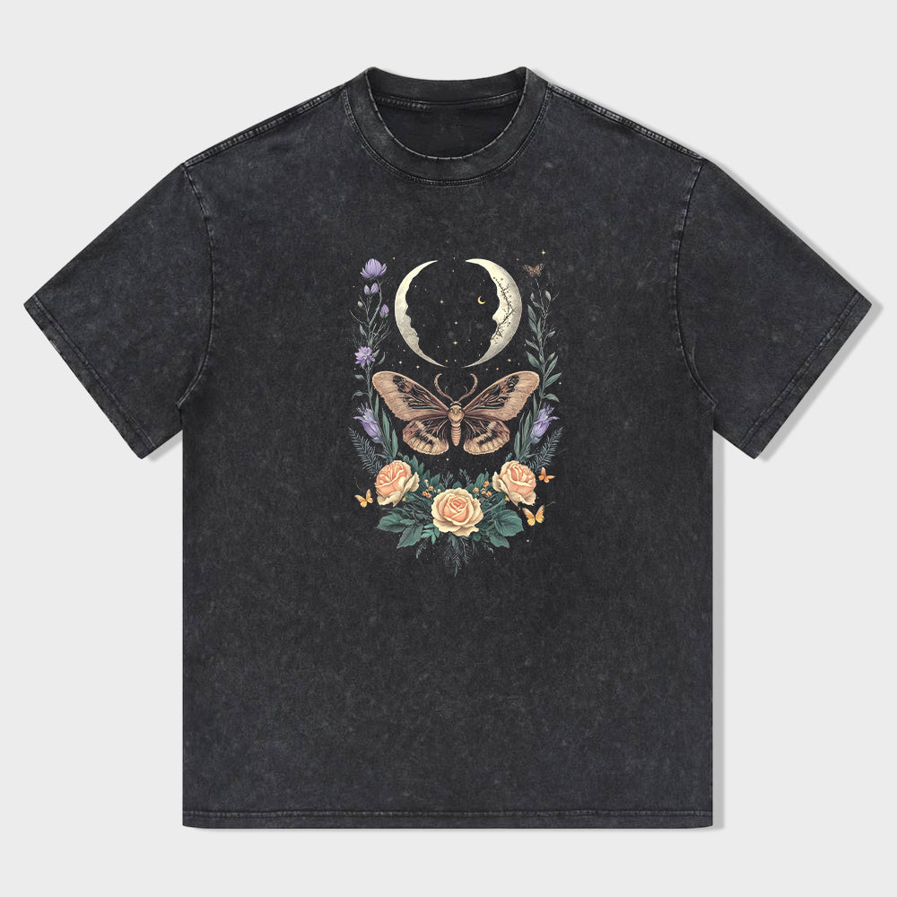 Round Neck Black T-Shirt with Moon Butterfly Floral Print for Casual Wear
