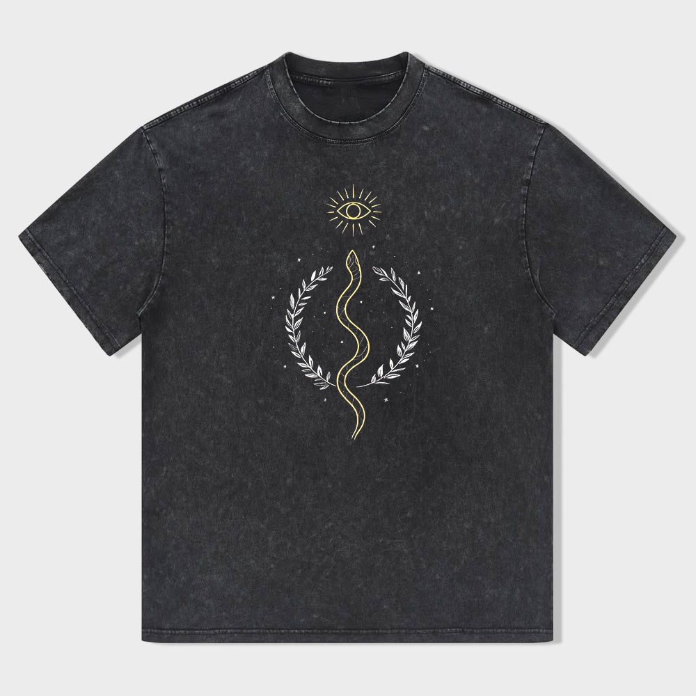 Classic Crew Neck T-Shirt Black with Gold Snake and Laurel Wreath Print for Casual Wear
