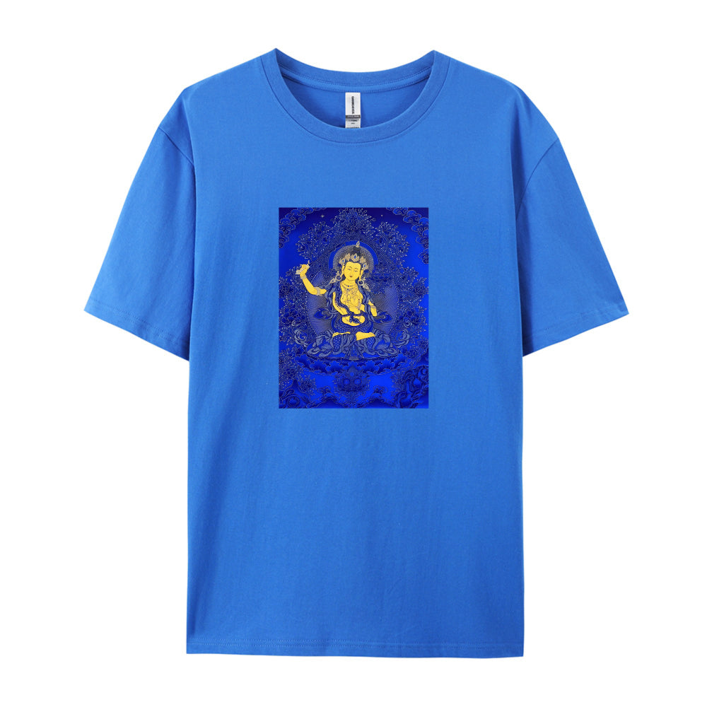 Buddhist Deity Art Print White T-Shirt for Men Women Casual Wear Spiritual Clothing Meditation Apparel Unique Design Graphic Tee